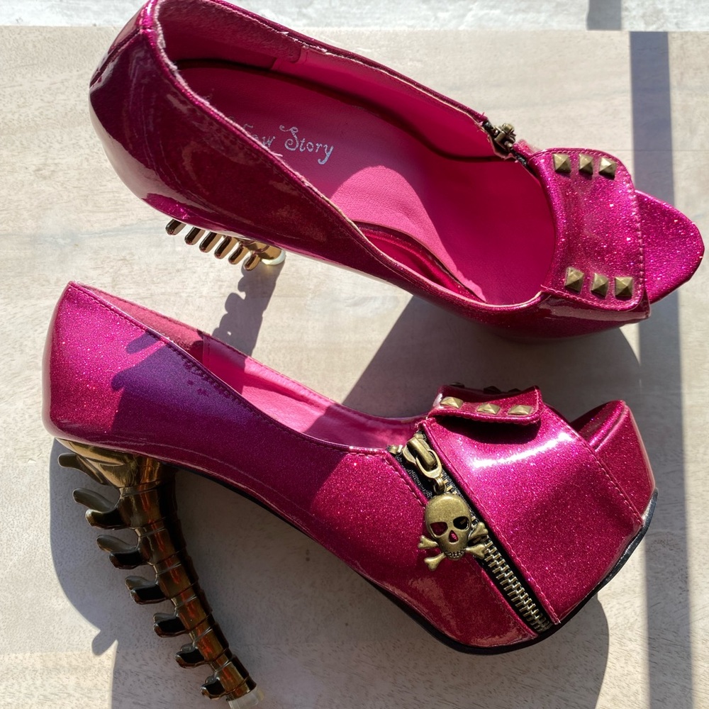 SHOW STORY ZIPPED SKULLS PLATFORM SHOES SPARKLY HOT PINK!